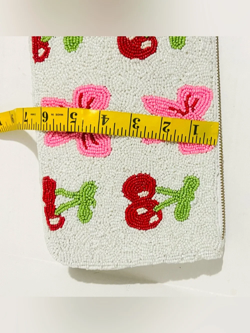 Wildfox White Beaded Cherry & Pink Bow Zip Pouch